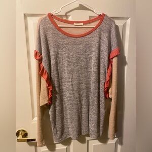 Gray and Pink Ruffle Sleeve Top